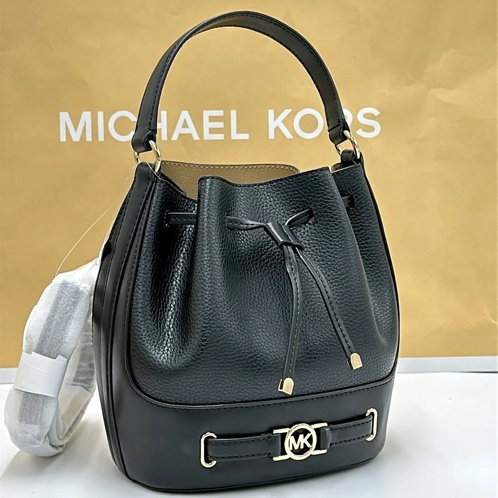 MICHAEL KORS  Reed Medium Pebbled Leather Bucket Bag Black NWT